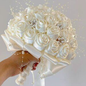 DIY Pearl Wedding Bouquet with Satin Flowers | Bridal Flowers Decor Ribbons Lace